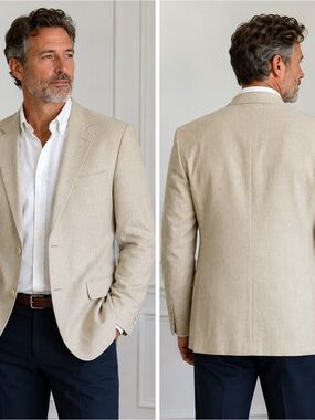 Haggar Mens Sport Coat Blazer Beige Tan Made USA 2 Button Linen Look Classic